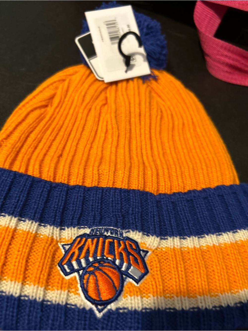NBA Knicks Ribbed Pom Beanie - Orange & Blue